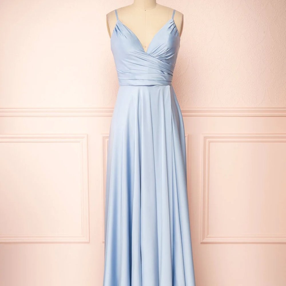 Blue satin dress with a slit for petite / short woman
